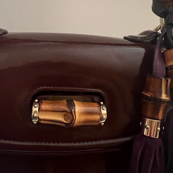 Gucci Dark Brown Leather Satchel with Bamboo Handle and Purple Tassels - Picture 7 of 15